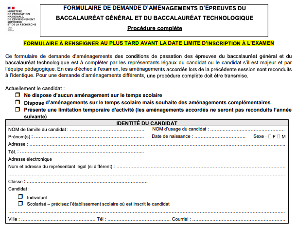 Formulaire de demande d'aménagement